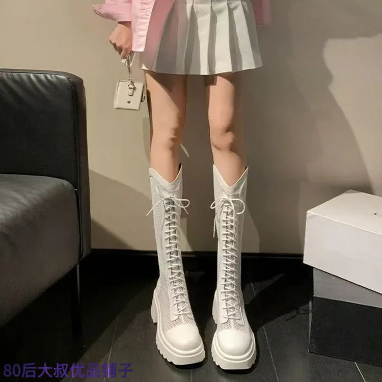 大筒围网纱骑士夏季凉女不过膝长靴厚底网面鞋子女ins潮牌百搭复