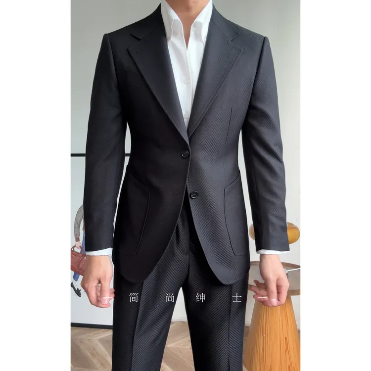 春季新款轻奢高档商务鱼骨纹那不勒斯单排扣西服西装套装22200