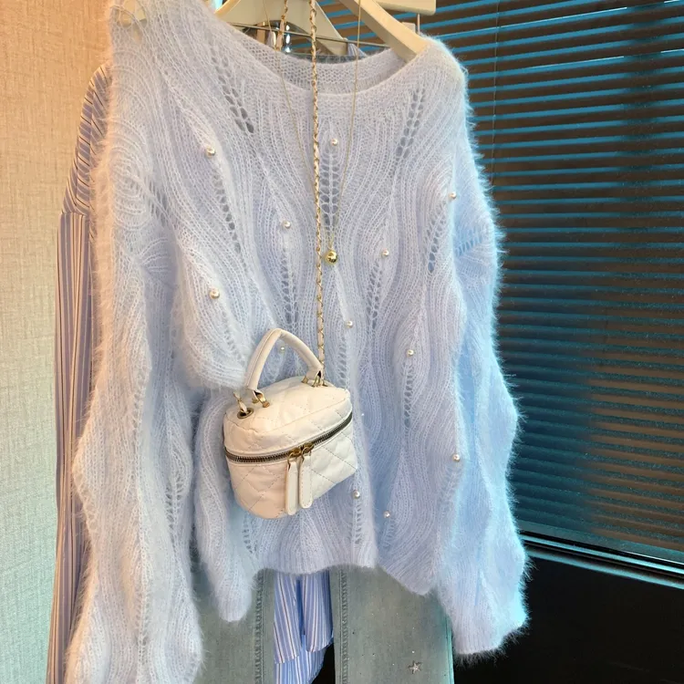 韩系chic慵懒风纯色镂空钉珠长袖毛衣针织衫女秋季款简约洋气小衫