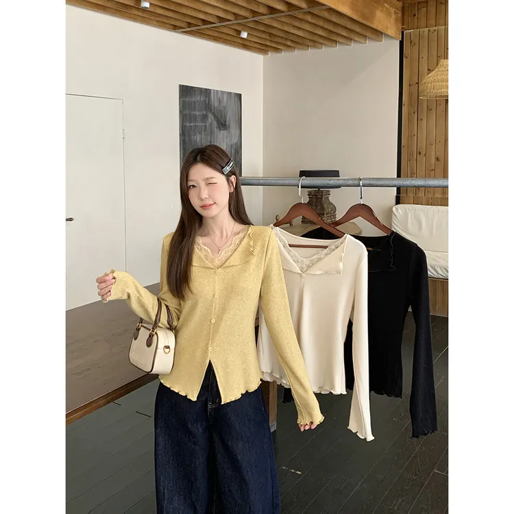 2025秋冬新款胖mm大码女纯欲拼接蕾丝木耳边内搭显瘦遮肉长袖上衣