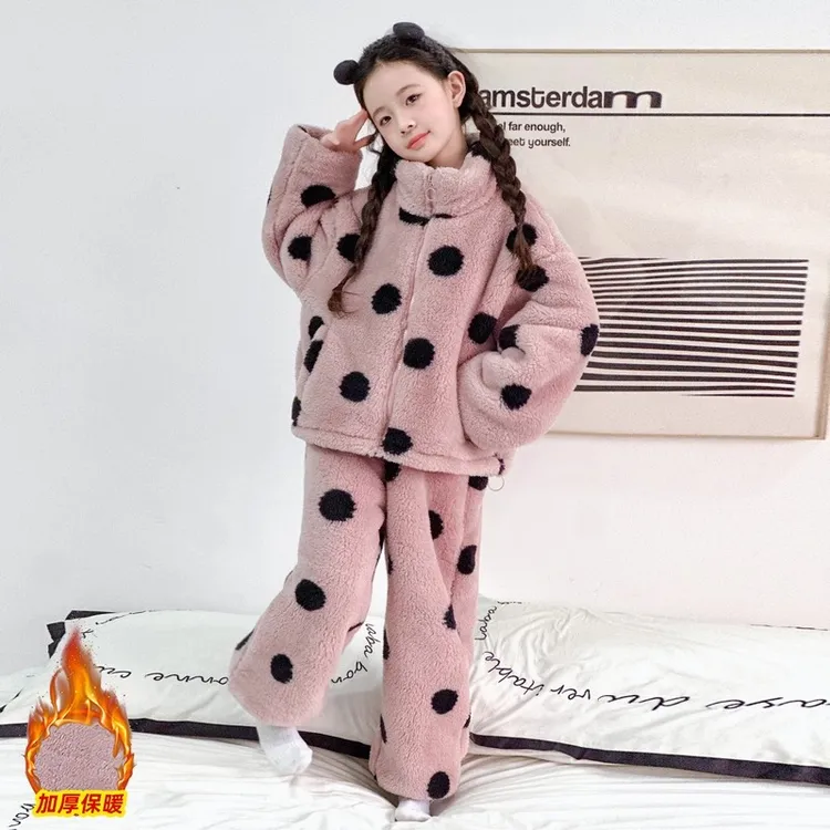 女童双面绒加厚可外穿睡衣冬季2025新款儿童珊瑚绒慵懒家居服套装