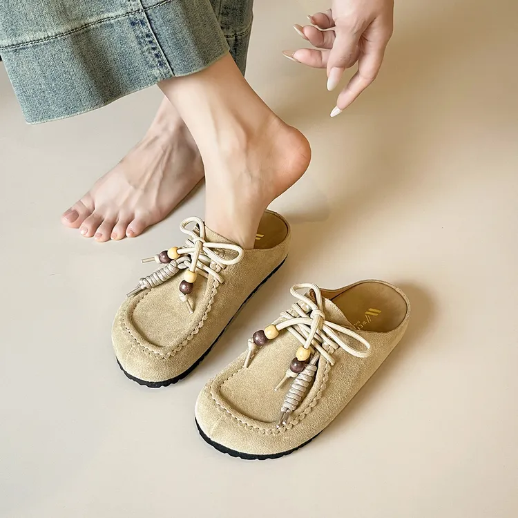 磨砂牛皮复古勃肯袋鼠鞋女秋季新款半包头时尚百搭休闲平底半拖鞋