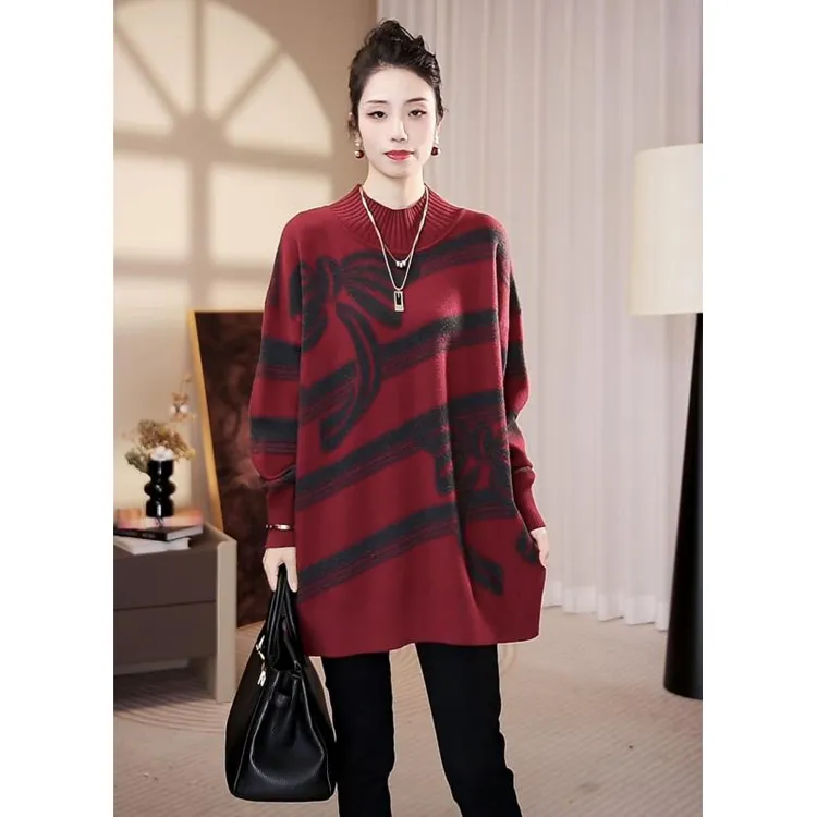 高端气质[红色蝶舞]高级感宽松保暖妈妈时尚毛衣连衣裙-2019#