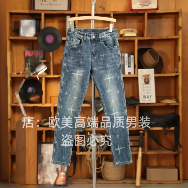 秋冬季高端美式复古做旧印花男士牛仔裤修身弹力欧货休闲个性潮牌