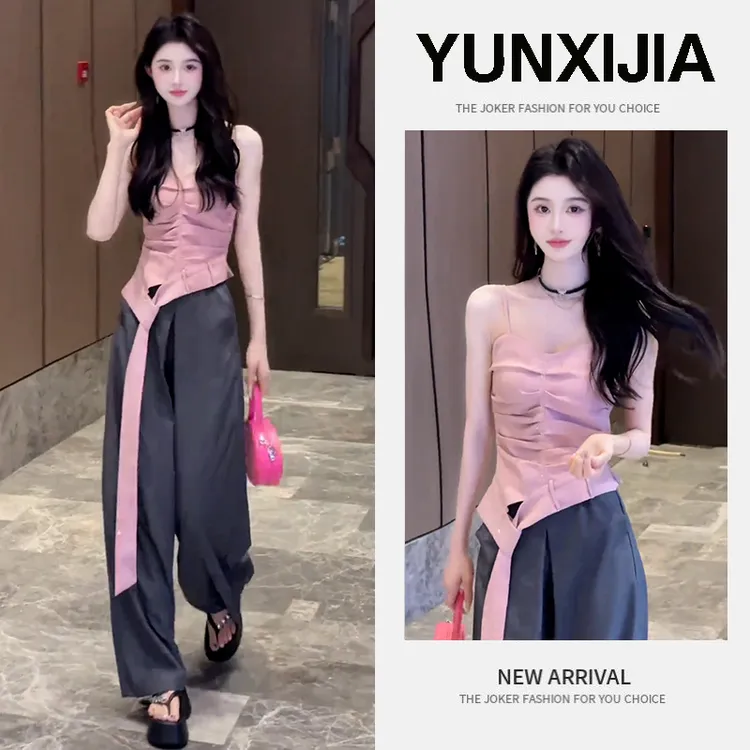 2025夏季新款爆款韩版辣妹性感百搭吊带高腰气质阔腿休闲裤两件套