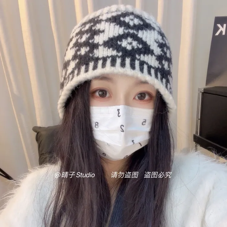 晴子 费尔岛手工羊毛混纺针织帽加阔版型显脸小保暖护耳冷帽百搭