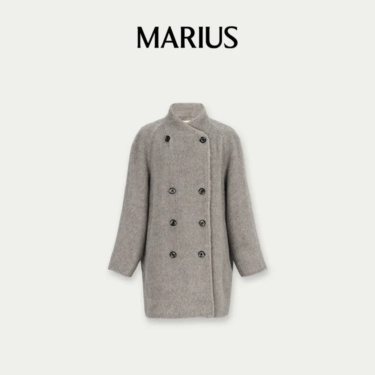 MARIUS“鱼子酱大衣”意大利鼎级BABY SURI羊驼毛双排扣A摆大衣