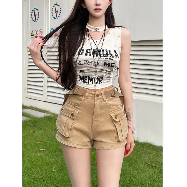 卡其大口袋工装牛仔短裤女2025秋季新款美式高腰显瘦a字辣妹热裤