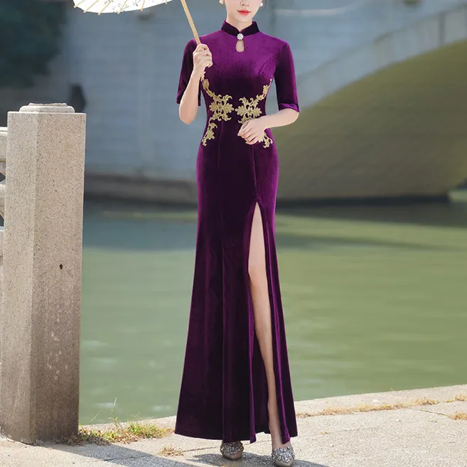走秀旗袍女气质演出服2025年新款夏季长款修身开叉宴会旗袍晚礼服