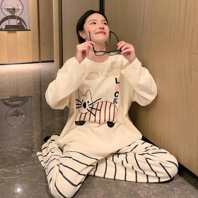 条纹睡衣女秋冬德绒长袖长裤可爱猫咪恒温保暖少女春季网红家居服