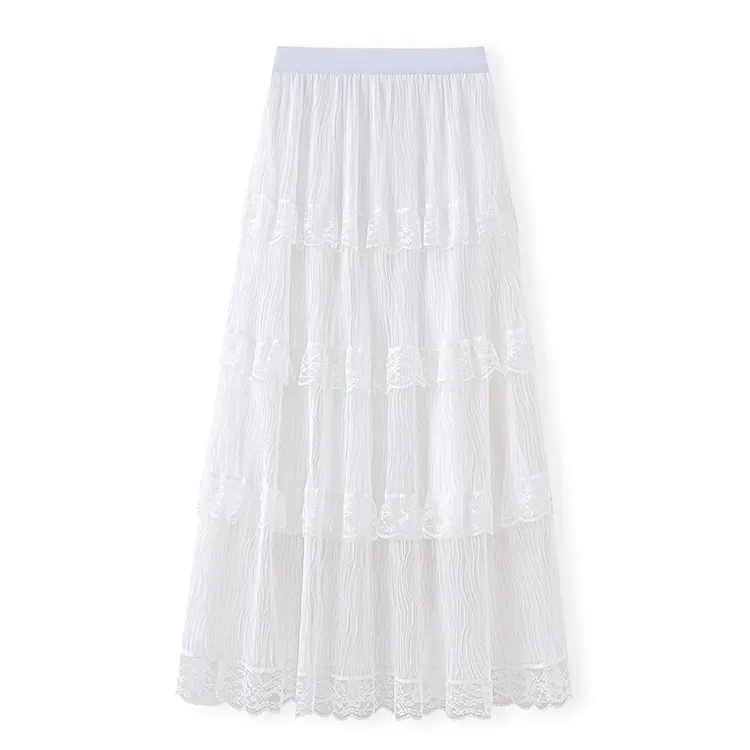 拉夏贝尔白色蕾丝边蛋糕裙半身裙女2025春夏新款a字垂感网纱长裙