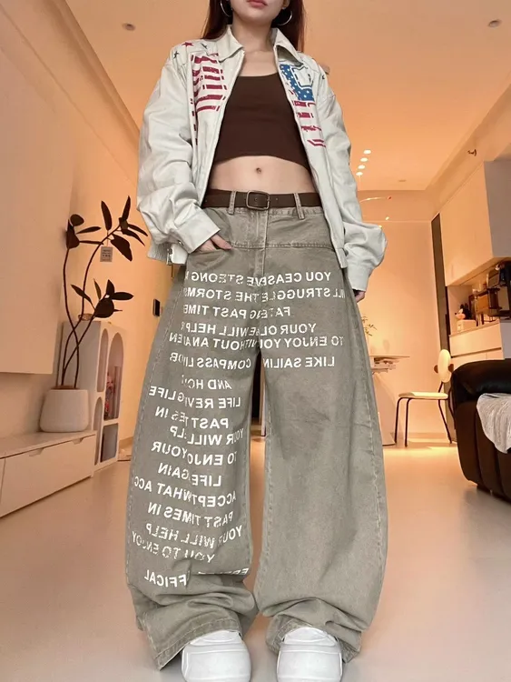 美式复古字母印花水洗做旧高街微喇牛仔裤男女直筒裤子