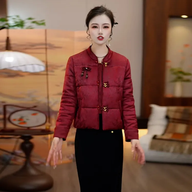 红色国风短款棉服外套女2025冬季新款妈妈装加厚保暖时尚减龄上衣