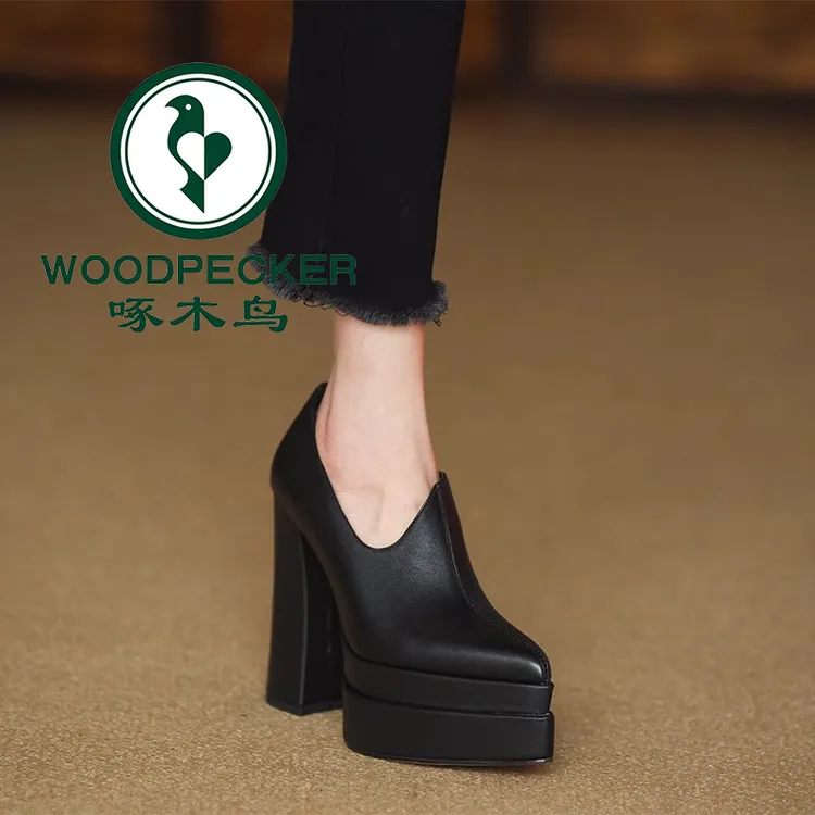 啄木鸟10cm尖头粗跟单鞋女春秋季新款高跟鞋深口防水台气质女鞋