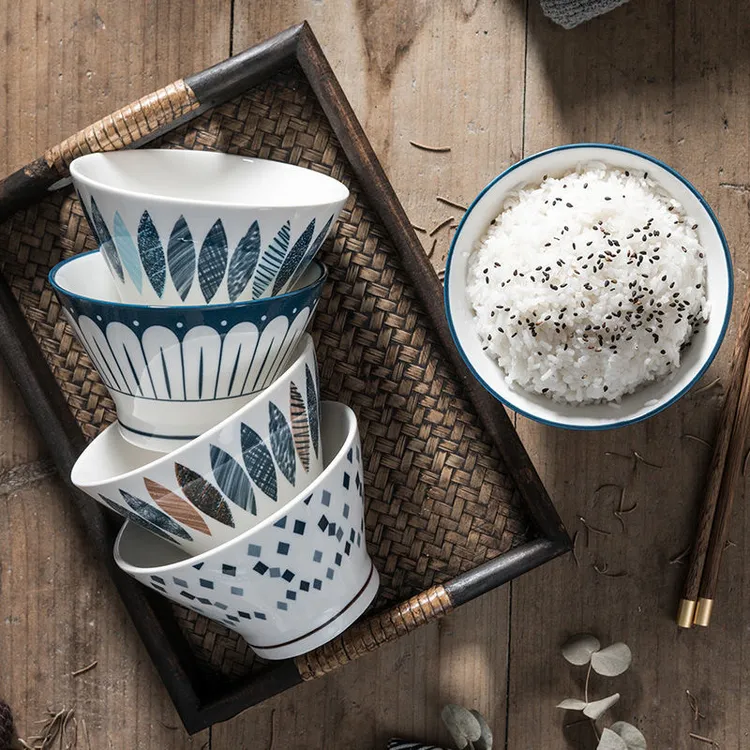 日式高脚碗5寸斗笠碗釉下彩陶瓷餐具可爱饭碗面碗防烫水果沙拉碗Z