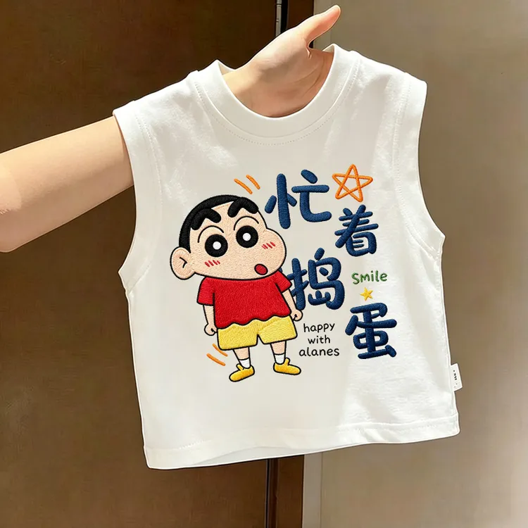 忙着捣蛋童装背心新款蜡笔小新印花T恤百搭小众儿童趣味圆领上衣t
