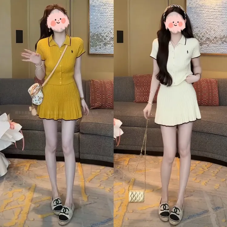 多巴胺服装女2025夏季新款时尚洋气POLO领针织短袖上衣半身裙套装