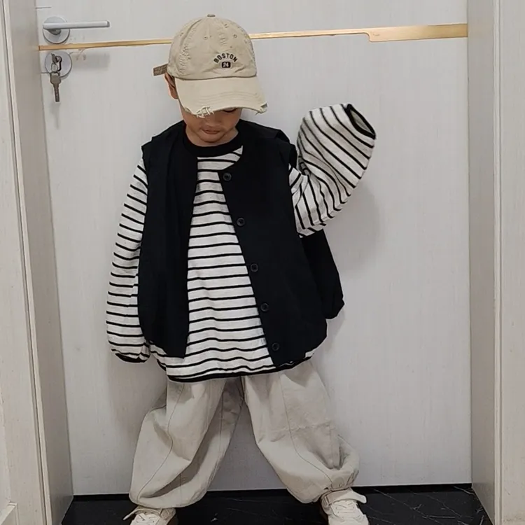 女男女通用衬衫春秋套装上衣休闲风条纹套头韩版大童