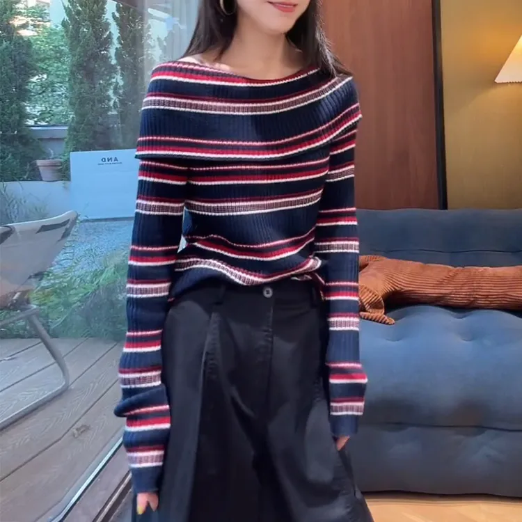 高级感撞色条纹长袖针织衫女2025春秋新款一字肩修身显瘦打底上衣