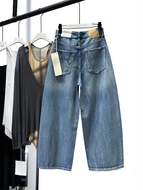 2025夏季薄款时尚百搭长裤弯刀裤子显瘦磨破洞牛仔气球老爹裤女