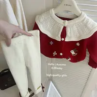 现秋冬【乐恩童装】女童季荷叶领红色毛衣米白蝴蝶结针织裤两件套