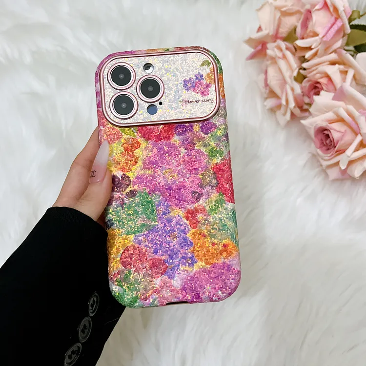 大视窗珠光闪粉花朵适用于苹果16promax全包防摔16轻奢手机壳