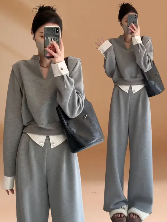 韩系设计感休闲运动套装女2025新款撞色V领长袖卫衣阔腿裤两件套