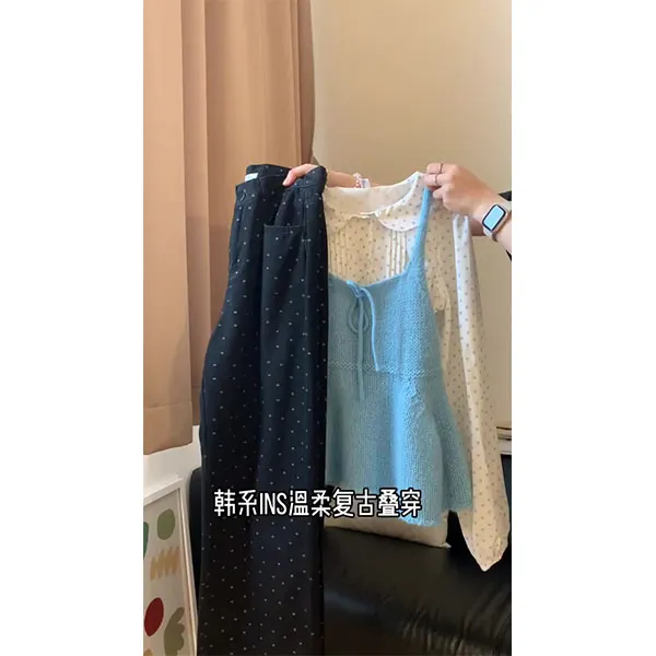 2025韩系甜美少女感裙摆式系带蝴蝶结叠穿针织吊带背心裤子套装女