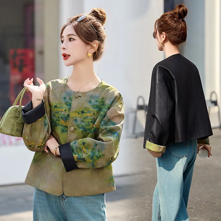 两面可穿复古肌理提花新中式风外套女春季新独特PU皮拼接皮衣夹克