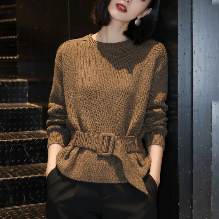 高级感咖色套头毛衣女士2025秋冬减龄内搭收腰系带打底针织衫上衣