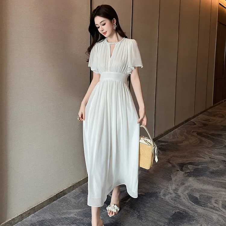 婷婷衣恋70787夏季新款时尚法式气质收腰显瘦白色雪纺长款连衣裙