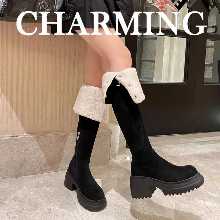 美拉德两穿翻折过膝长靴粗跟厚底胖mm大腿围显瘦长筒靴高筒骑士靴