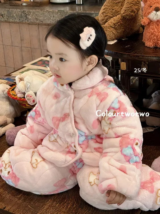 【现货】颜图图女童秋冬法兰绒加厚睡衣儿童家居服女宝宝保暖套装