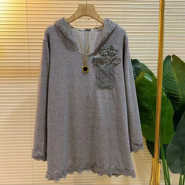 2025秋季新款时尚百搭显瘦女人衫大码女装胖妹妹连帽蕾丝长袖T恤