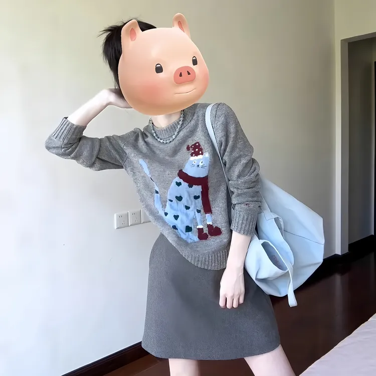 秋装女款爆款2025新款慵懒风设计感灰色印花长袖针织毛衣短裙套装