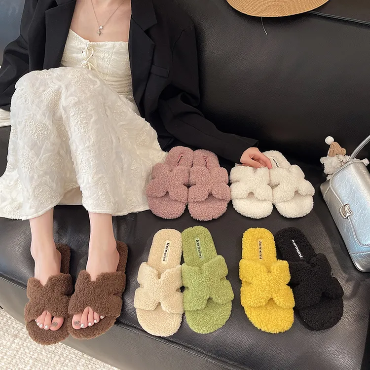 韩版懒人一脚蹬泰迪绒秋冬一字拖平底软底外穿低跟可爱甜妹百搭女