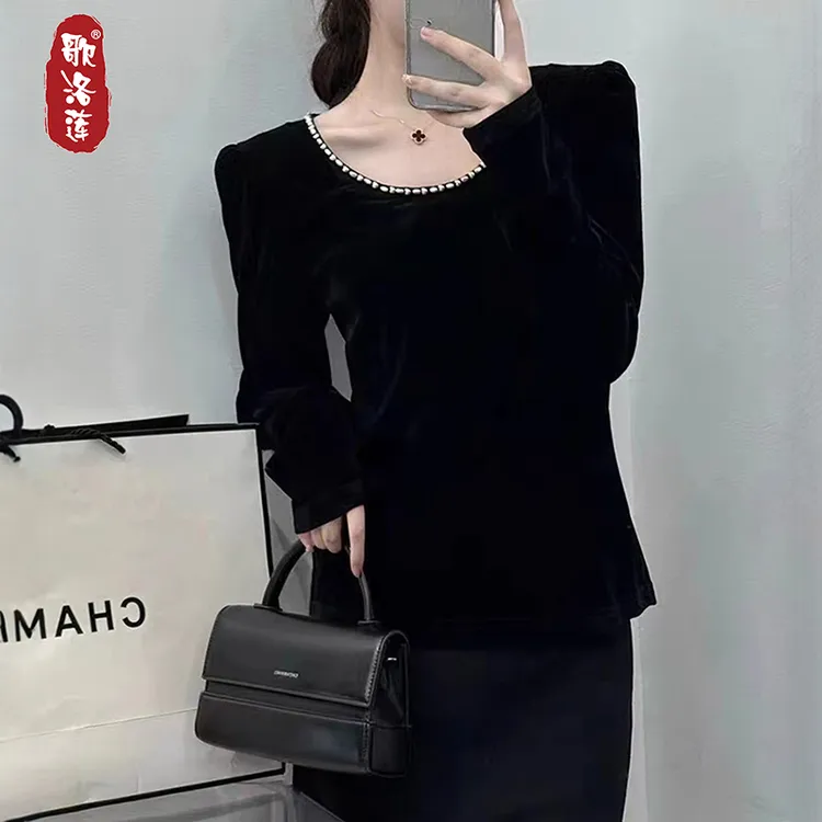 欧洲站赫本风纯欲低领丝绒长袖T恤女秋冬新款修身正肩大领口小衫