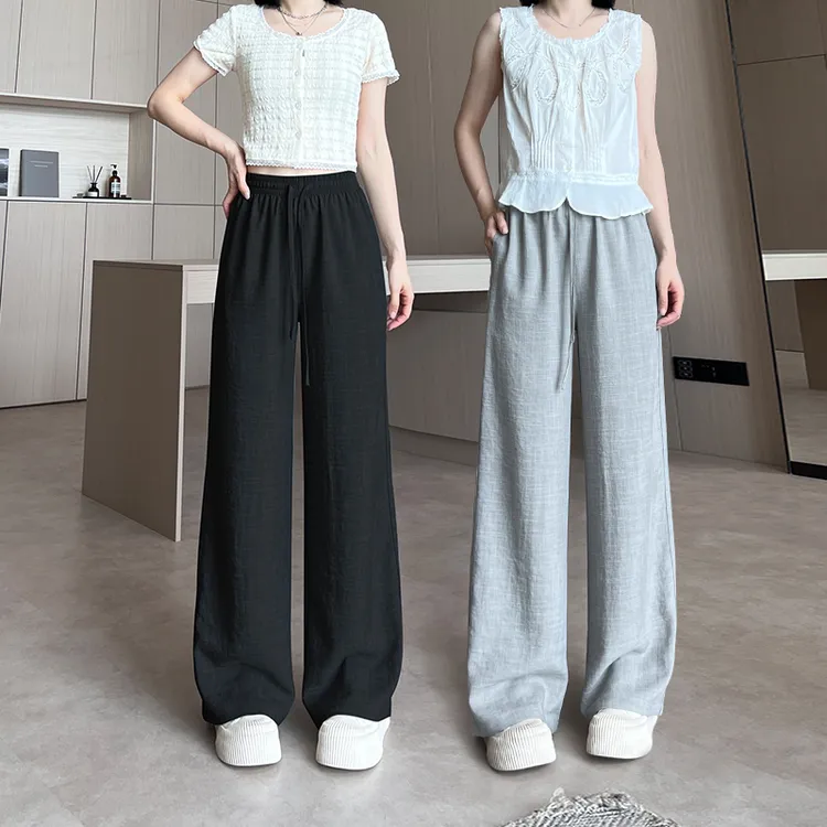乐库优冰丝亚麻直筒裤女夏季薄款高腰垂感宽松休闲慵懒风阔腿裤子