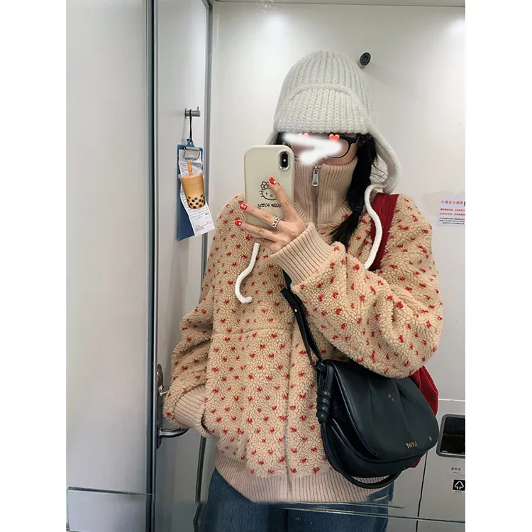 立领宽松保暖加厚仿咩咩毛外套女冬季复古百搭休闲开衫毛毛上衣女