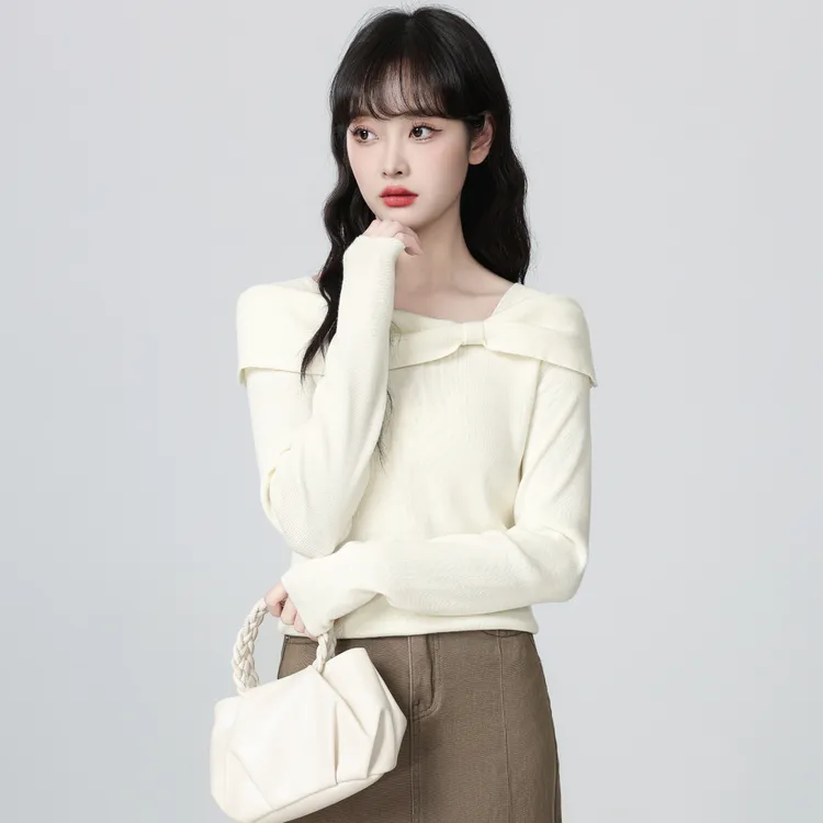 杏色一字肩长袖针织衫女秋2025春秋新款蝴蝶结内搭打底衫显瘦上衣