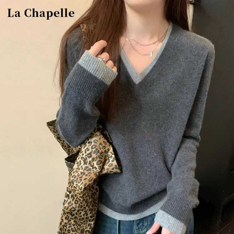 拉夏贝尔灰色假两件撞色毛衣女春秋新款V领打底衫慵懒风针织上衣