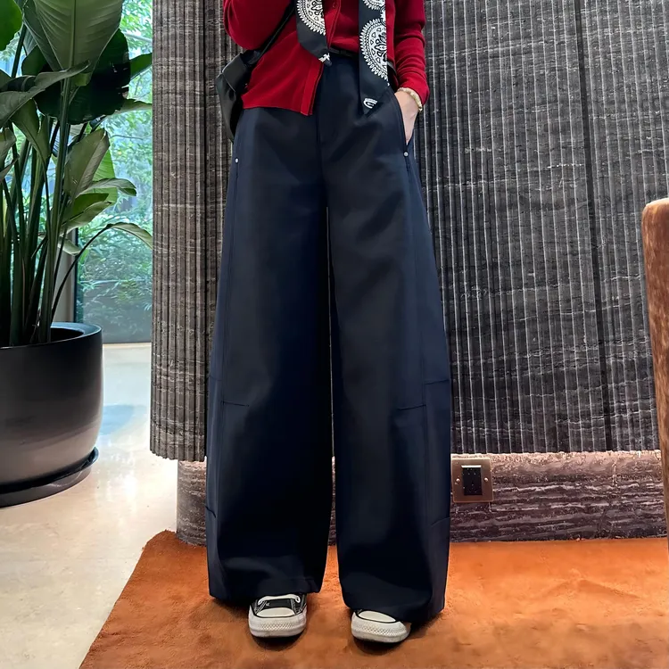 高腰长裤时尚弯刀裤无弹力藏青休闲裤百搭宽松阔腿裤新款裤子秋冬