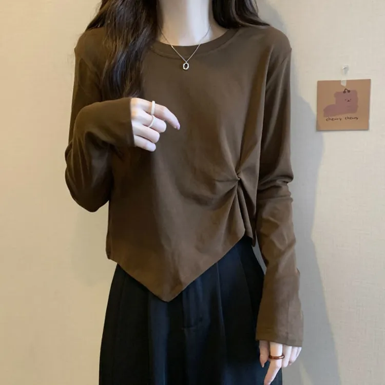 纯棉大码女装设计感长袖T恤小心机打底衫秋冬胖mm显瘦不规则上衣