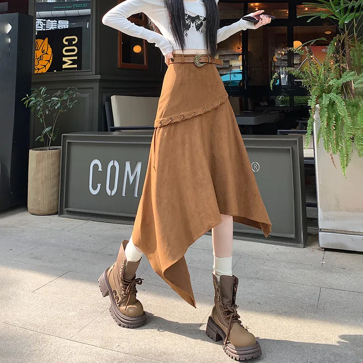 2025秋冬新款麂皮绒半身裙女老钱风不规则开叉裙摆显瘦中长款半裙