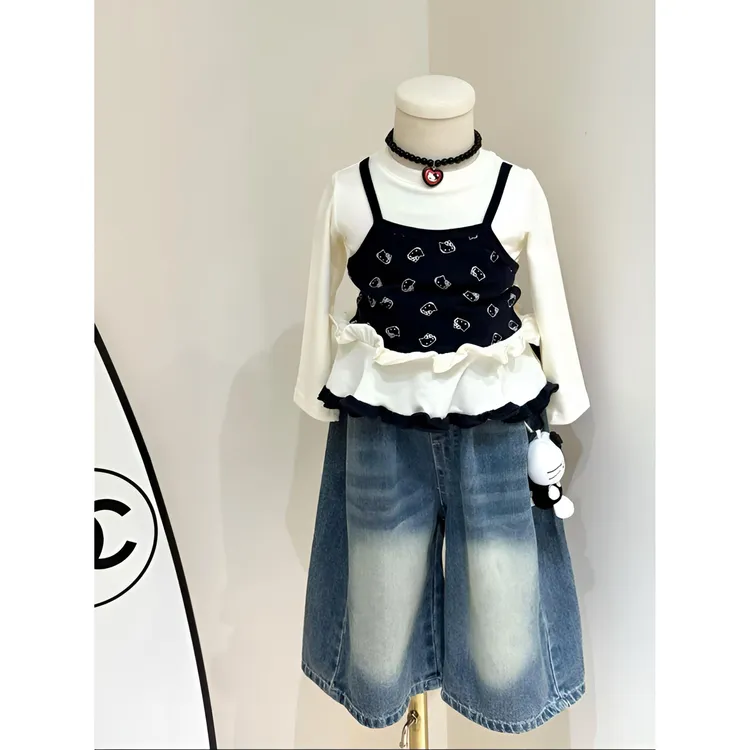 女童春秋季套装2025新款儿童韩版卡通小猫吊带假两件T恤休闲长裤