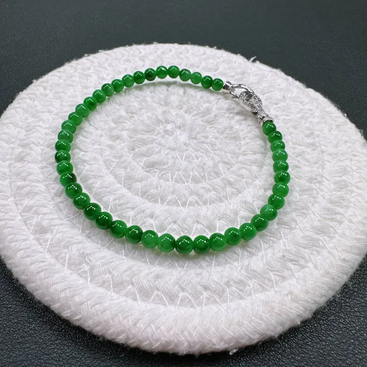 天然A货翡翠卡4.2mm老坑水润满绿阳绿辣绿小米珠单圈女士手串