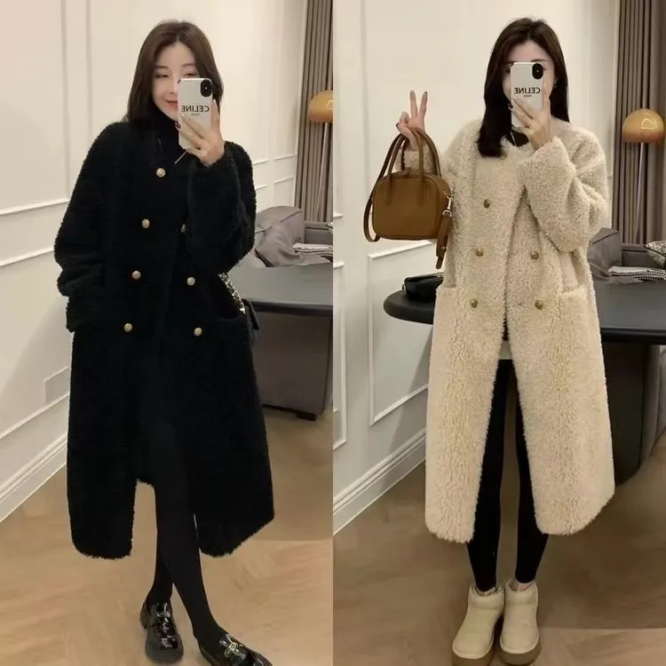 皮毛一体双排扣外套女2025秋冬慵懒风加厚中长款摇粒绒大衣