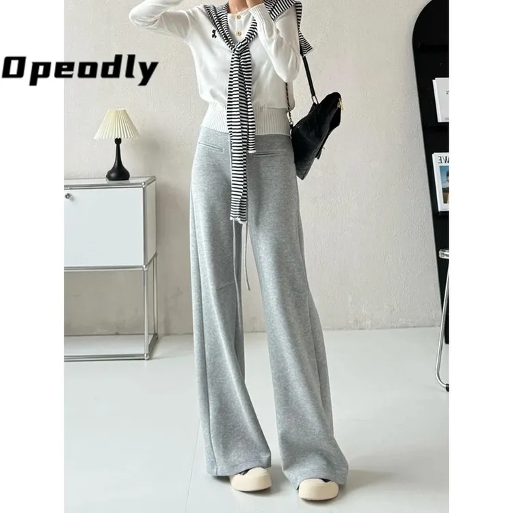 Opeodly灰色空气层微喇卫裤女秋冬加绒加厚喇叭裤运动拖地阔腿裤