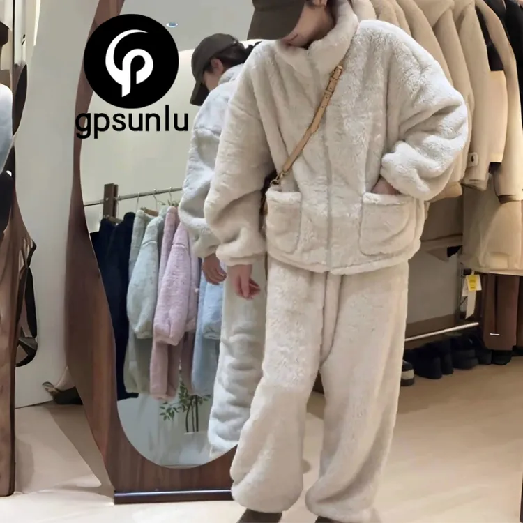 gpsunlu秋冬季韩系暖烘烘加绒加厚保暖宽松家居服软绵绵睡衣女士
