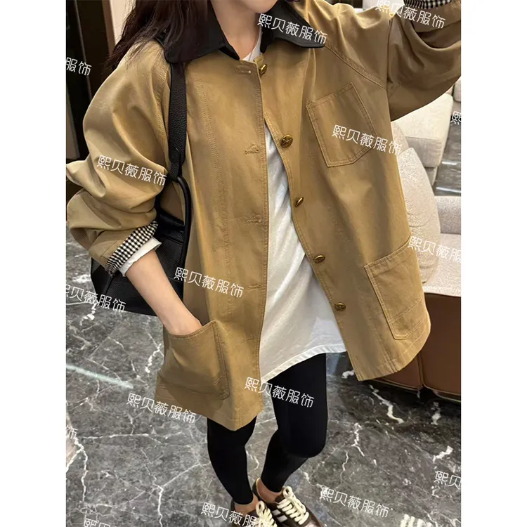 熙贝薇 秋季撞色格纹拼接宽松百搭短款长袖英伦风风衣外套 G5273